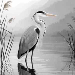 Illustration of a heron standing in shallow water among reeds
