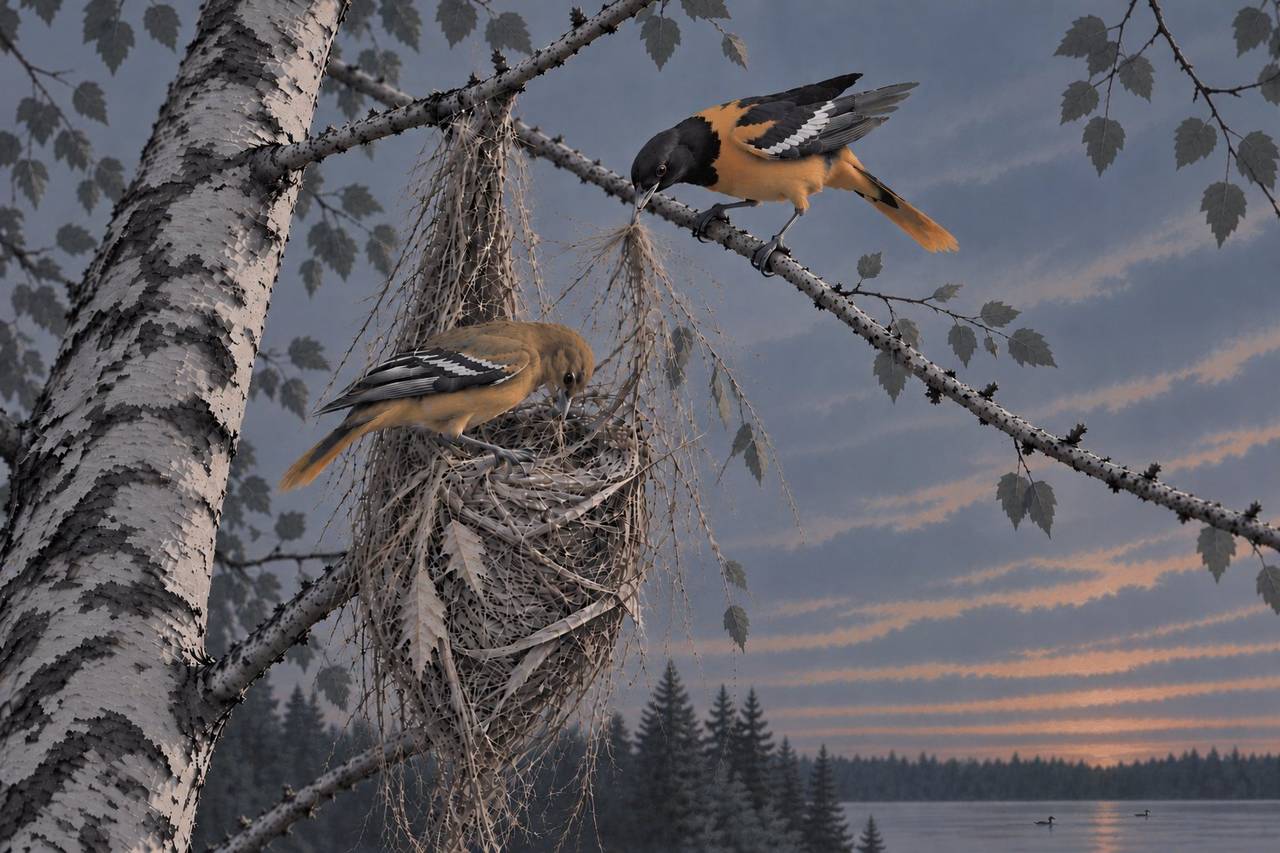 Two orioles building a hanging woven nest together in a birch tree at dusk, loons on the lake behind