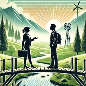 Illustration of two people in conversation on a footbridge in a green valley