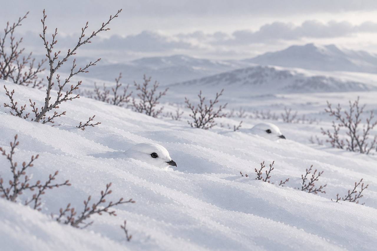 Two white ptarmigan peeking cautiously out of deep snow among bare willow twigs