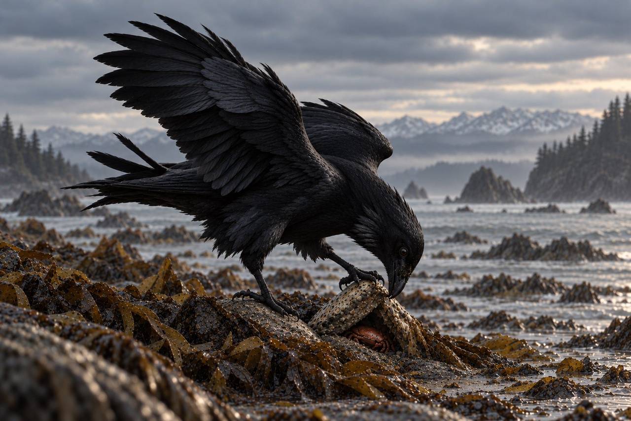 A raven on a kelp-covered shore lifting a shell to reach a crab hidden beneath it